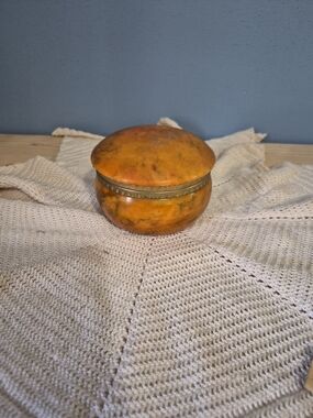 Vintage Italian  Orange Round  hinged Alabaster Trinket Box  3.75"